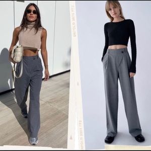 ZARA Gray Crossover Button Wide Leg Trousers Pants Large High Waist